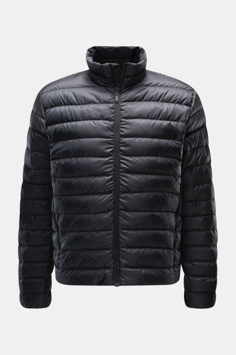 Front view of Canada Goose Down jacket 'Stratus Tonal' navy, a super lightweight down jacket with ripstop fabric, self-stowing design, slim fit, padded collar, two-way zip, zip front pockets, elasticated cuffs, adjustable hem, tonal lining, and two inside