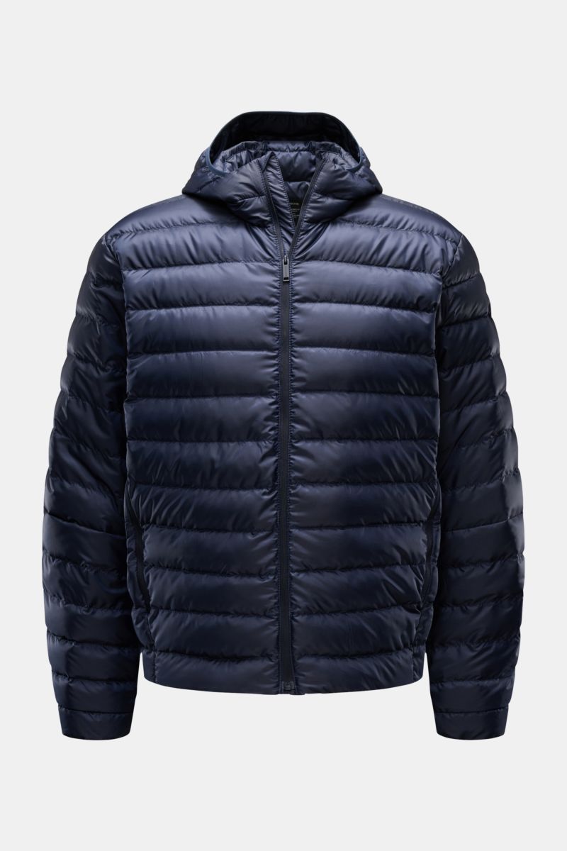 Front view of Canada Goose Down jacket 'Stratus Hoody' navy, a lightweight, slim-fit puffer with ripstop microfiber, padded hood, zip pockets, and adjustable hem.