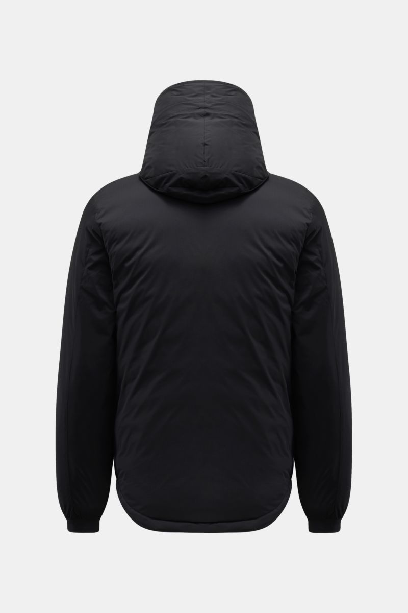 Back view of Canada Goose Daunenjacke 'Lodge Hoody' schwarz, a slim fit, lightweight down jacket with ripstop microfiber, adjustable hood, and elastic cuffs.