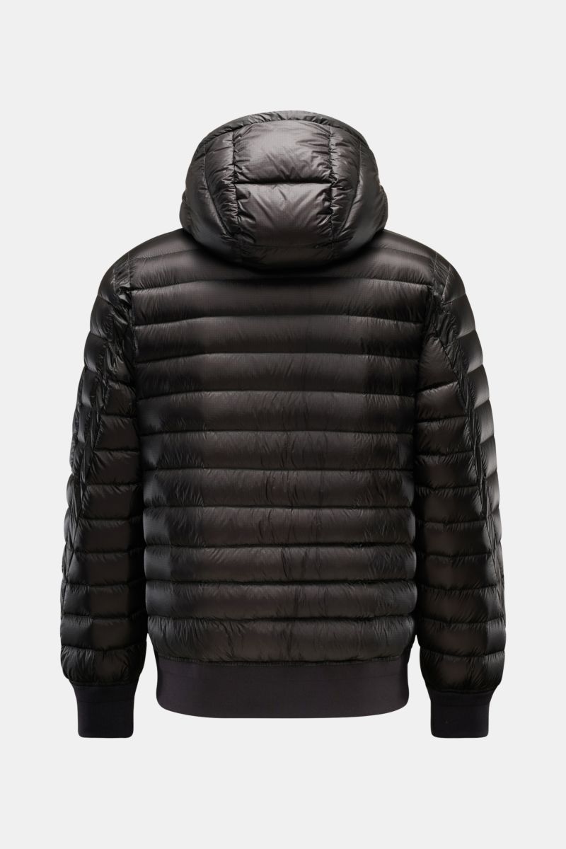 Rear view of C.P. Company Down bomber jacket black with hood, water repellent ripstop surface, lightweight down padding, slim fit, elastic cuffs and hem.

Description: Technical lightness in its most modern form: This blouson by C.P. COMPANY has a wate