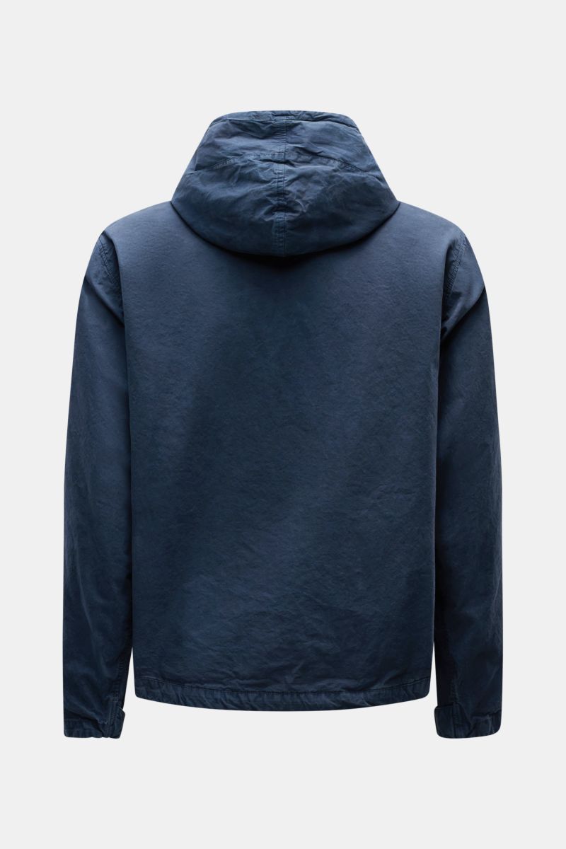 Back view of C.P. Company Jacket navy with hood, showcasing garment-dyed pure cotton Micro-Reps fabric, slim fit, and adjustable cuffs.