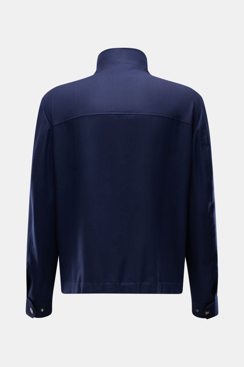Rear view of Colombo Cashmere jacket navy in pure cashmere with standing collar, two-way zip, jetted front pockets, regular fit, and soft feel.