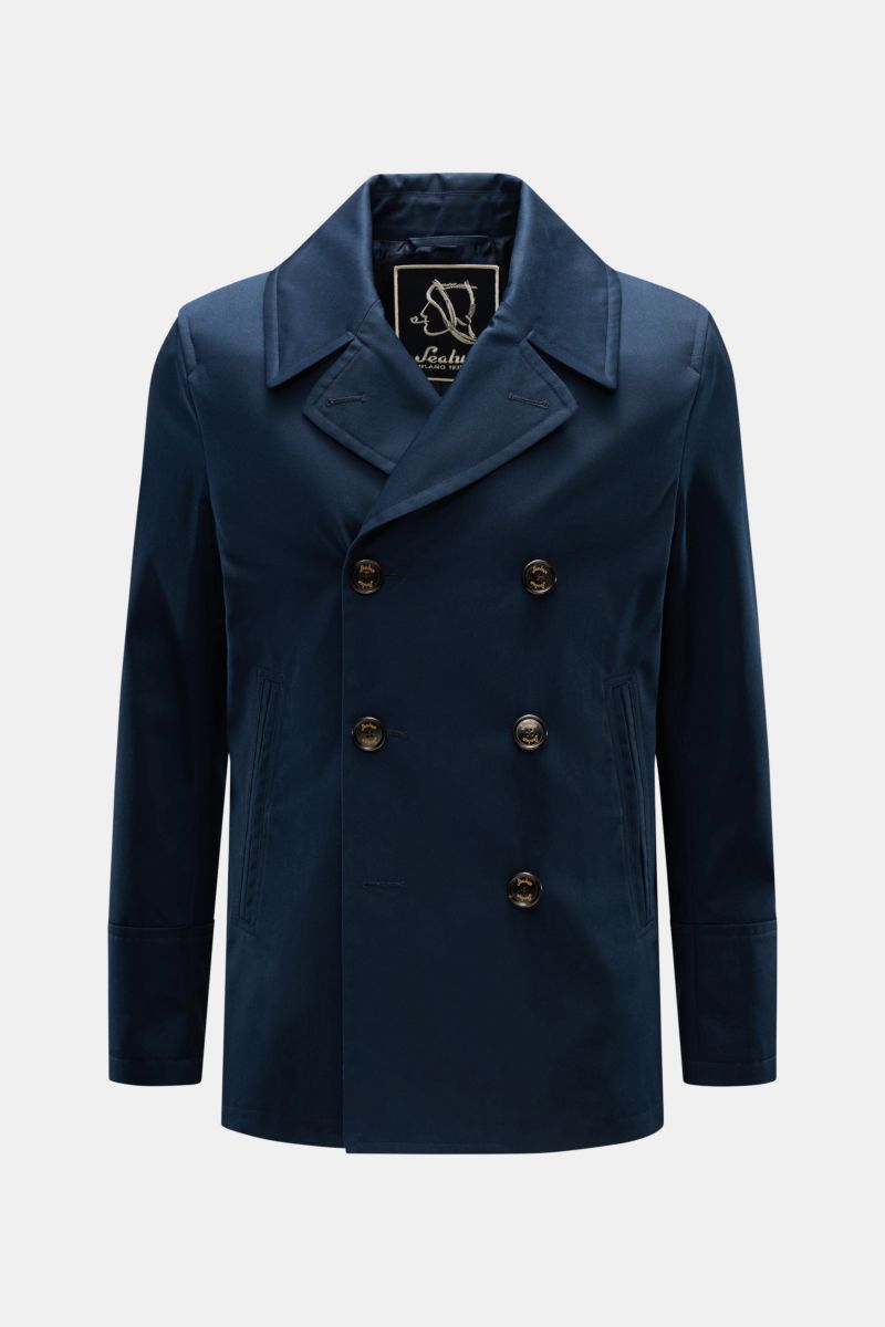 Sealup Pea coat 'Amalfi' navy shown from the front on a plain background, double-breasted with three-button placket, wide lapel collar, slanted jetted pockets, slim fit, made of lightweight twill microfiber and cotton blend, smooth logo lining, inside zip