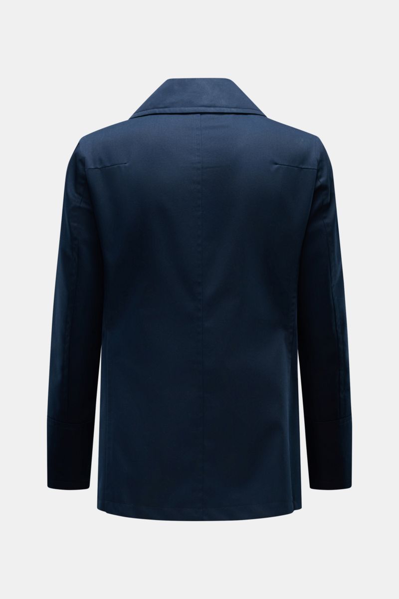 Back view of Sealup Pea coat 'Amalfi' navy, slim fit, double-breasted, wide lapel collar, slanted pockets, fine twill microfiber-cotton blend.
