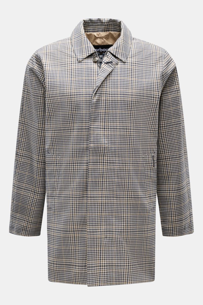 Front view of the Barbour Rain coat 'Check Rokig' navy/olive checked, a slim-fit lightweight rain coat with a two-way zip, storm flap with buttons, turn-down collar, large welt pockets, and centre back vent, made from high-quality microfibre with viscose,