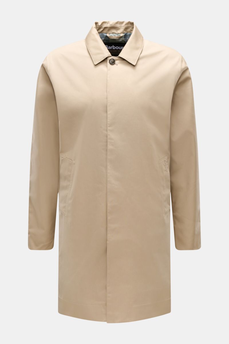 Front view of the Barbour Rain coat 'Rokig' beige, a lightweight raincoat with a waterproof membrane and classic car coat design, made from high-quality microfibre with viscose, featuring a soft feel, waterproof coating, slim fit, two-way zip, storm flap 