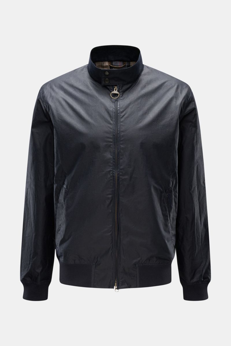 Front view of Barbour Waxed blouson 'Royston' dark navy, a classic short-cut jacket with waxed cotton, corduroy collar trim, slim fit, two-way zip, slanted hip pockets, elasticated bands, cotton lining, and one inside pocket, perfect for transitional seas