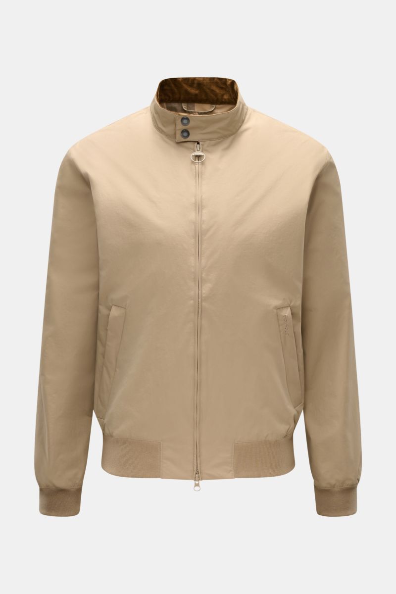 Front view of Barbour Blouson 'Royston' beige, a modern lightweight jacket with short cut, corduroy-trimmed standing collar, two-way zip, zip hip pockets, elasticated cuffs and hem, made from high-quality microfibre, slim fit, mesh lining, and one inside 