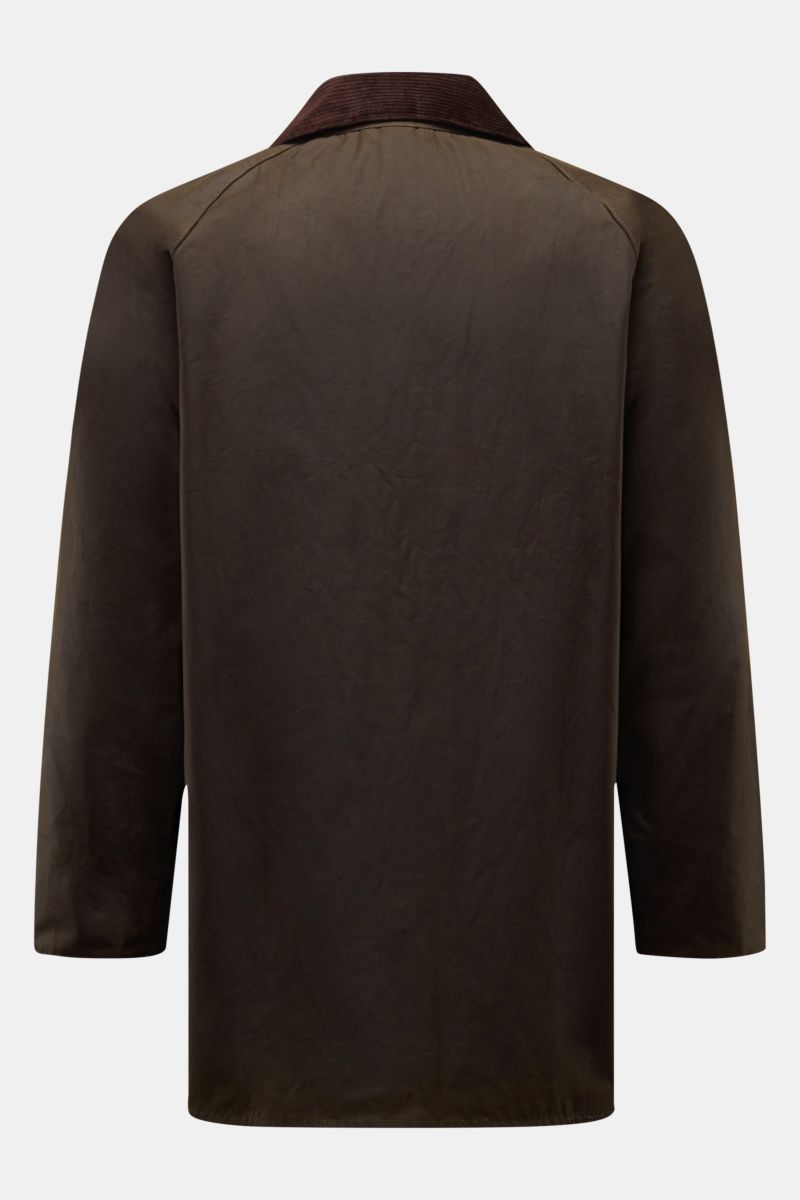 Rear view of Barbour Waxed jacket 'Beaufort' dark olive with corduroy collar, made of water repellent waxed cotton, showcasing its regular fit and raglan sleeves. 

Description: A true classic from BARBOUR: The long waxed jacket 'Beaufort' made of water r