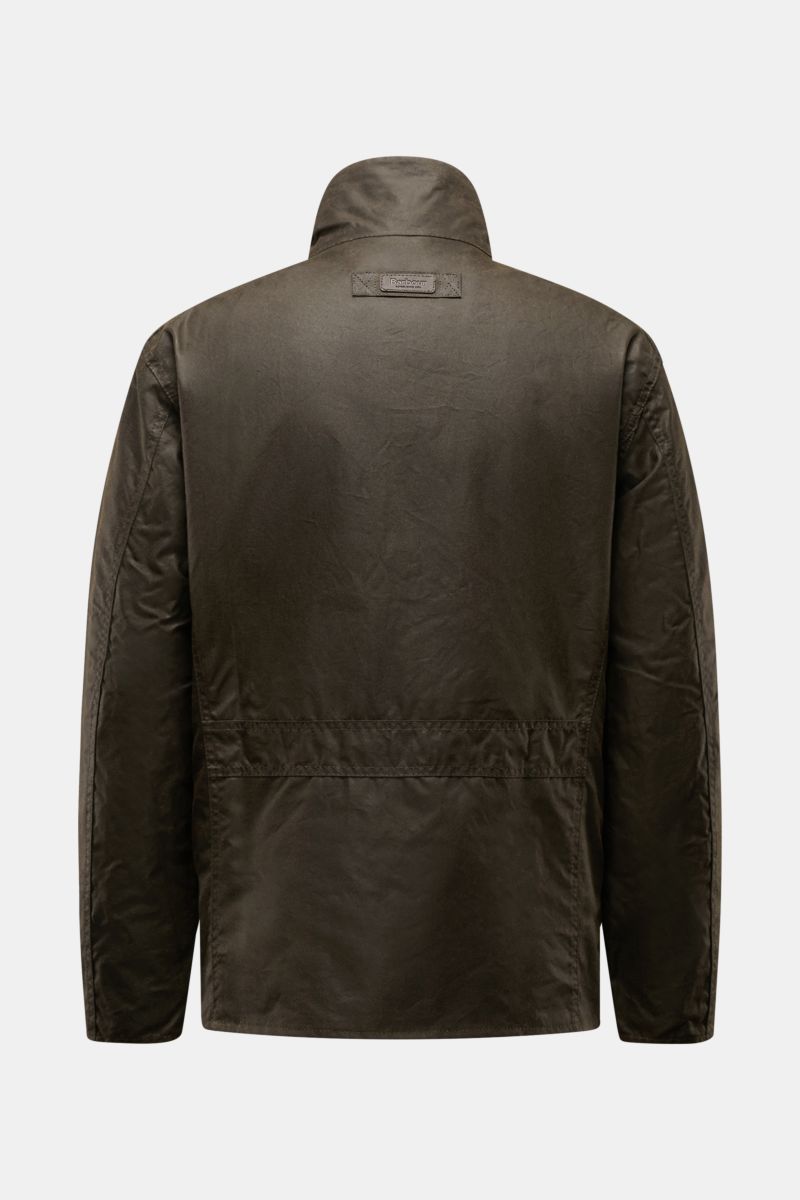 Barbour Waxed jacket 'Sander' dark olive shown from the back, featuring pure waxed cotton, water repellent, regular fit, corduroy collar trim, large patch pockets, checked lining, leather logo, inside pocket, two-way zip, and storm flap with snap buttons.