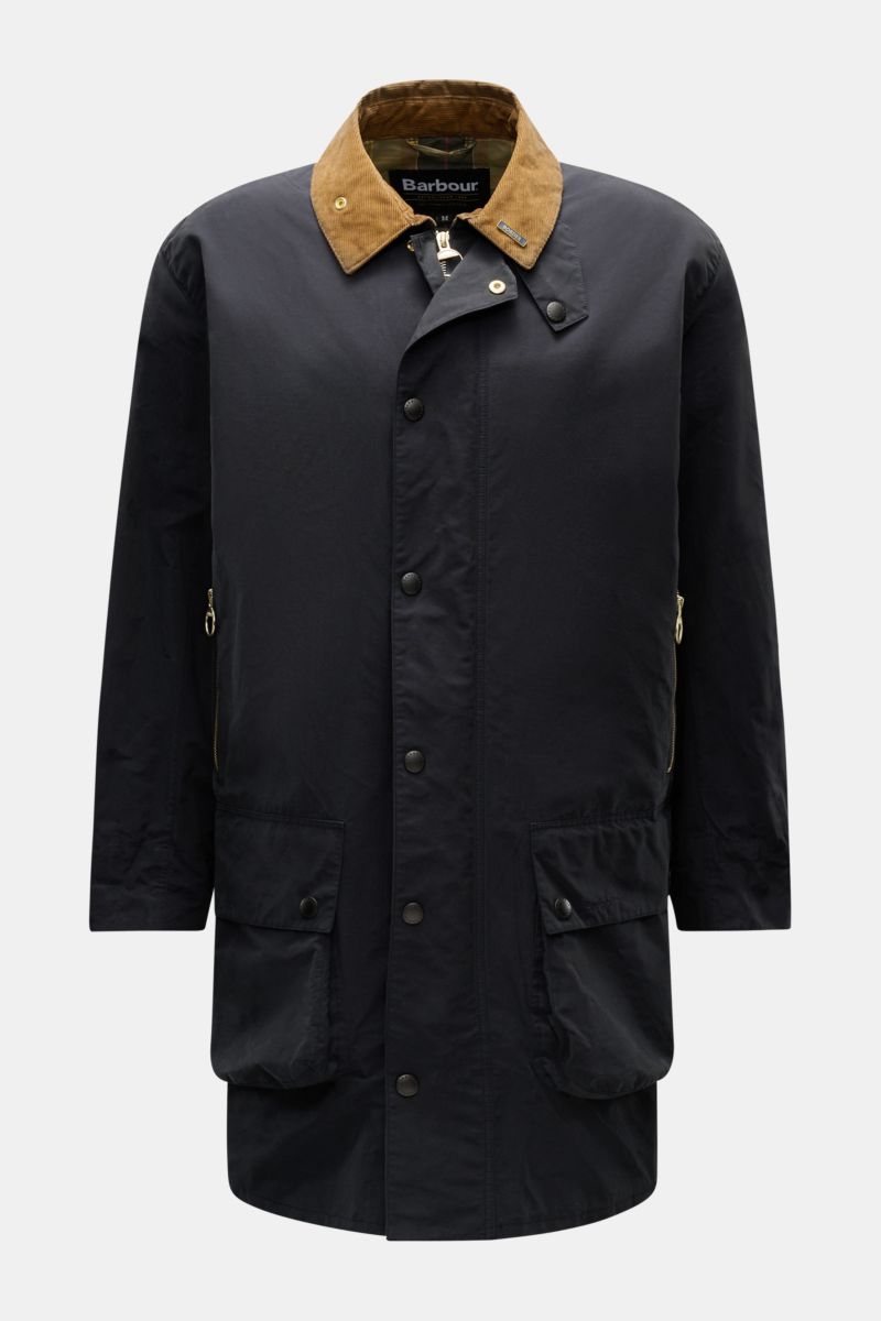 Front view of Barbour Parka 'Icons Border' dark navy with brown corduroy collar, snap buttons, two-way zip, slanted zip pockets, and tartan lining. 

Description: Create classically elegant casual looks in quintessentially English style with the lightw