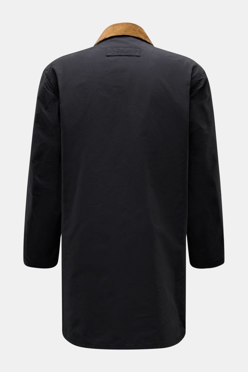 Alt tag (125 characters max):
Back view of Barbour Parka 'Icons Border' dark navy with brown corduroy collar, showcasing elegant casual spring style.

Description for context:
Create classically elegant casual looks in quintessentially English style wi