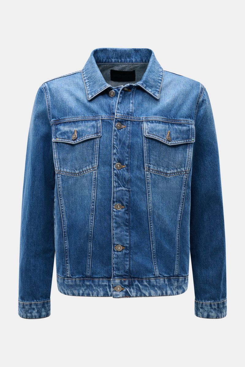 Front view of the Dondup Denim jacket blue, slim fit with six-button placket, turn-down collar, breast flap pockets, jetted slit pockets, cuffs with button, adjustable hem tab, and logo initial on the back.

Timeless denim essential: The DONDUP denim j