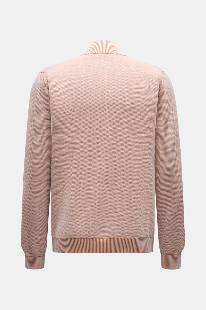 Rear view of the Moorer Cardigan 'Urbino' off-white/light brown mottled, showcasing its medium-fine knit, standing collar, and flexible ribbed bands.

Description: Confident layering: This MOORER cardigan has a clean silhouette and a timeless design th