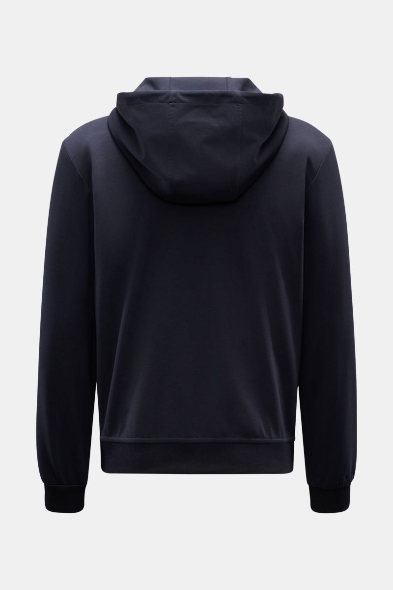 Rear view of Moorer Sweat jacket 'Matthew Felpa' navy, sporty luxury double-sided knit, soft viscose-microfibre blend, slim fit, drawstring hood, ribbed bands.