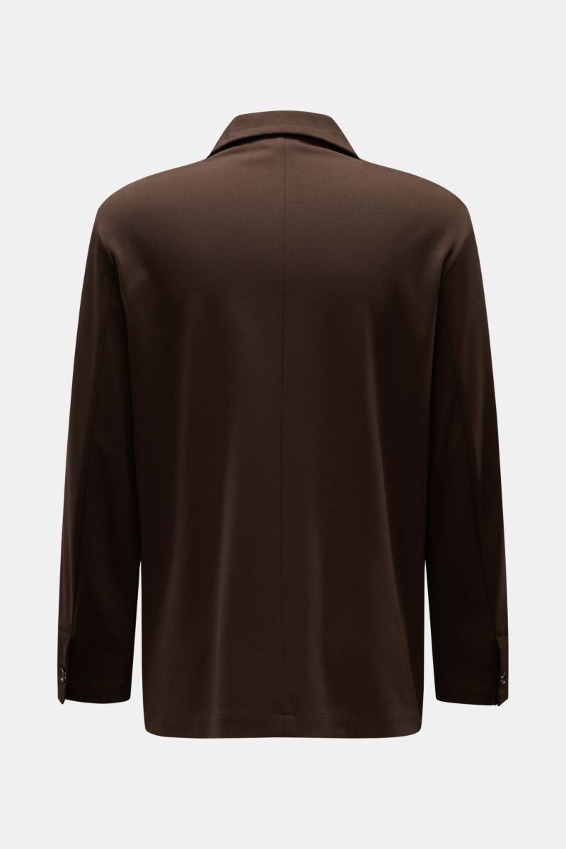Moorer Jersey-Jacke 'Keaton' dunkelbraun, Slim Fit, elastisch, glatt, ungefüttert, mit Umlegekragen, Knopfmanschetten, Rückansicht.