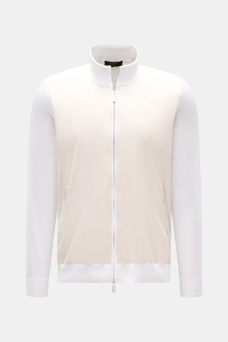 Front view of Moorer Jersey blouson 'Tolly' white/beige, sporty and elegant with twill trim, pure cotton, soft feel, slim fit, two-way zip, standing collar, zip front pockets, elastic hem and sleeve cuffs, unconstructed design.