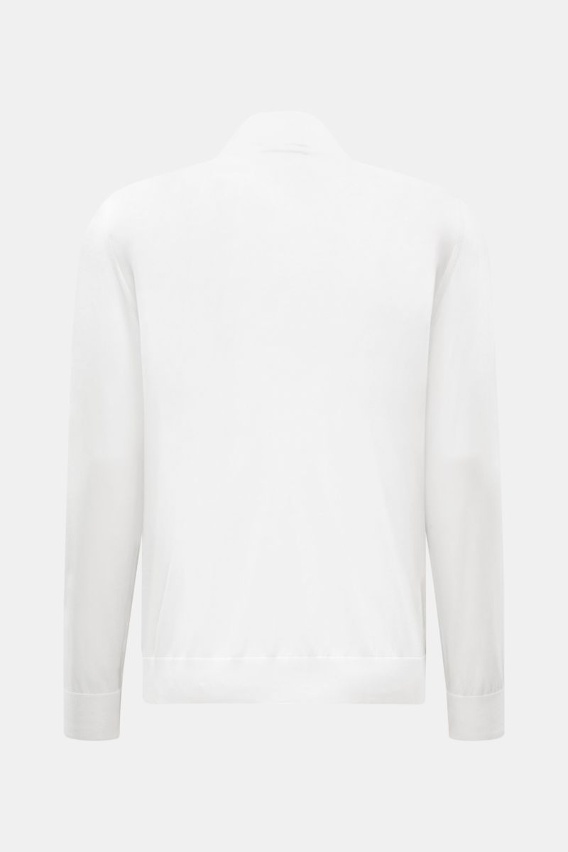 Rear view of the Moorer Jersey blouson 'Tolly' white/beige, sporty and elegant with twill trim, pure cotton, soft feel, slim fit, two-way zip, standing collar, zip front pockets, elastic hem and cuffs, unconstructed design.
