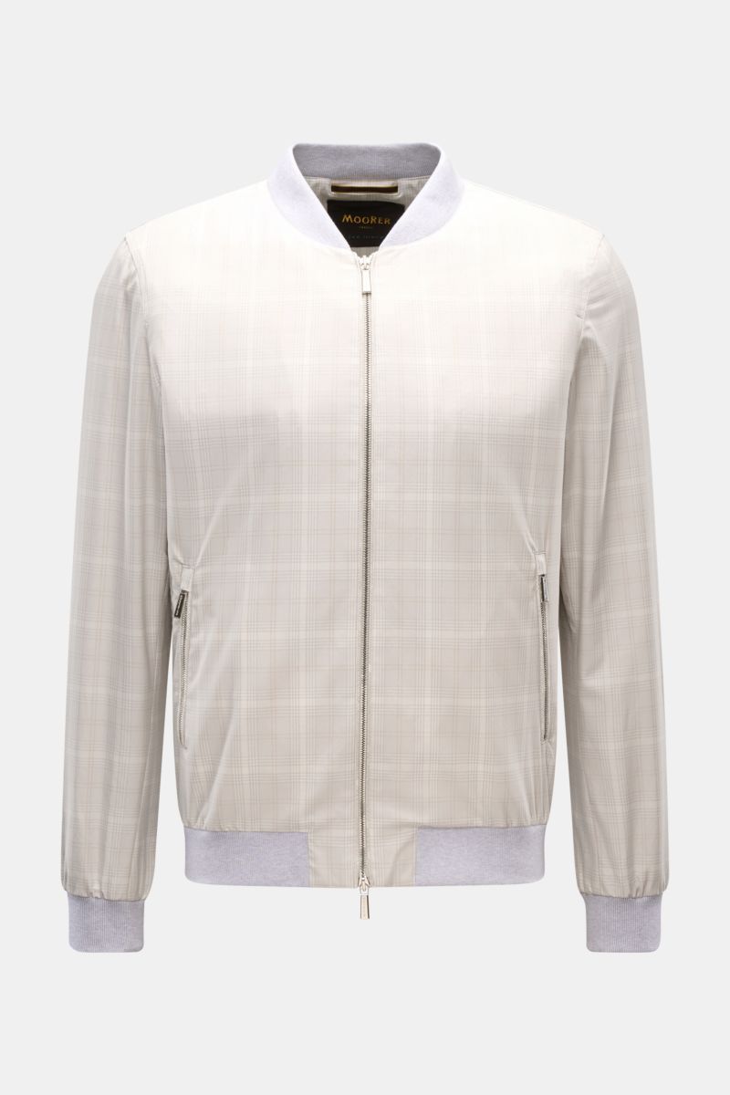 Front view of Moorer Blouson 'Sorano' light grey/beige/cream checked, a slim fit classic blouson with a two-way zip, zip front pockets, elastic hem and cuffs, soft jersey lining, and two inside pockets made of pure cotton with a soft feel and distinctive 