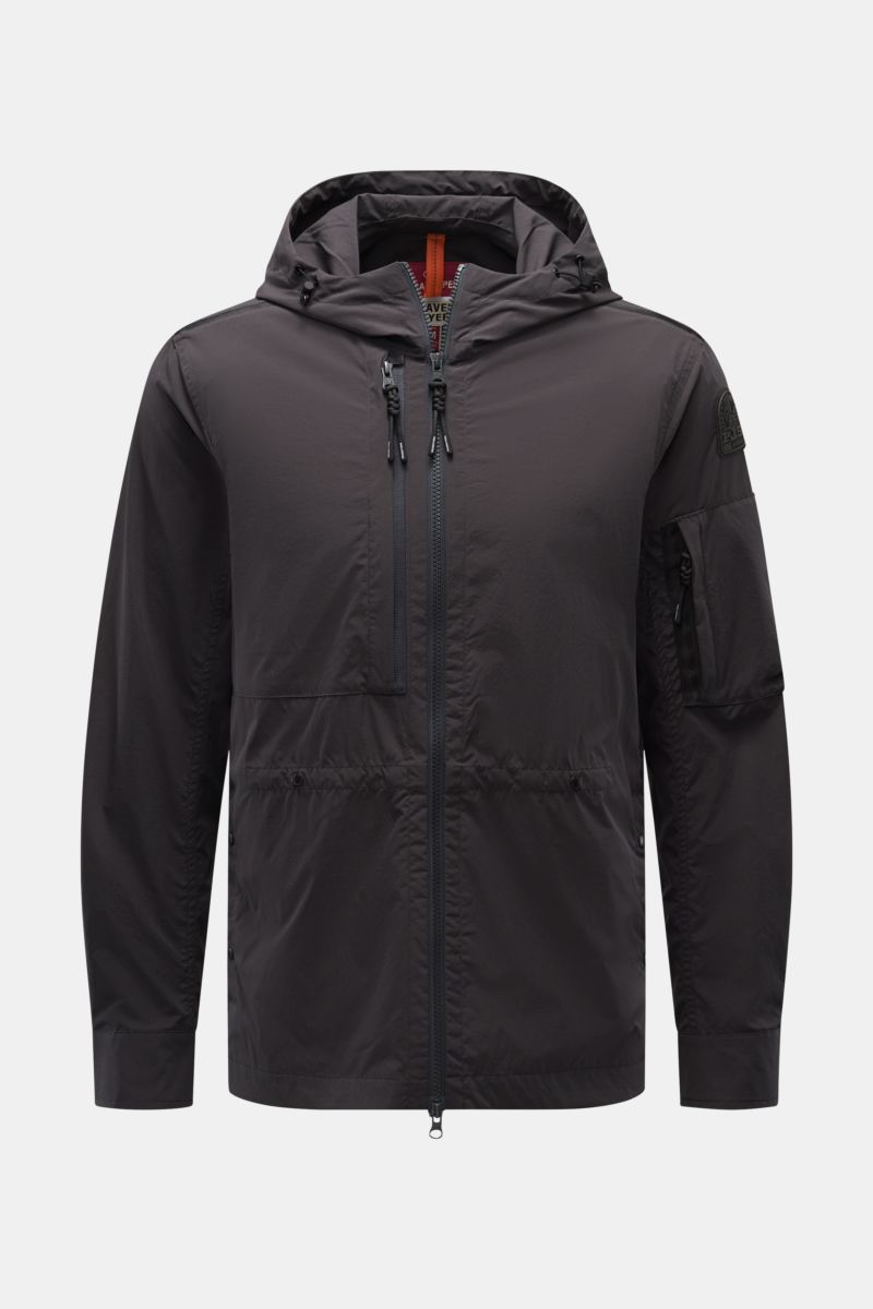 Front view of Parajumpers Jacket 'Inverness' anthracite, a slim fit hooded jacket with two-way zip, drawstring hood, three front pockets, cuffs with button, and two inside pockets, made of high-quality crease-free microfibre stretchy fabric for smooth fee