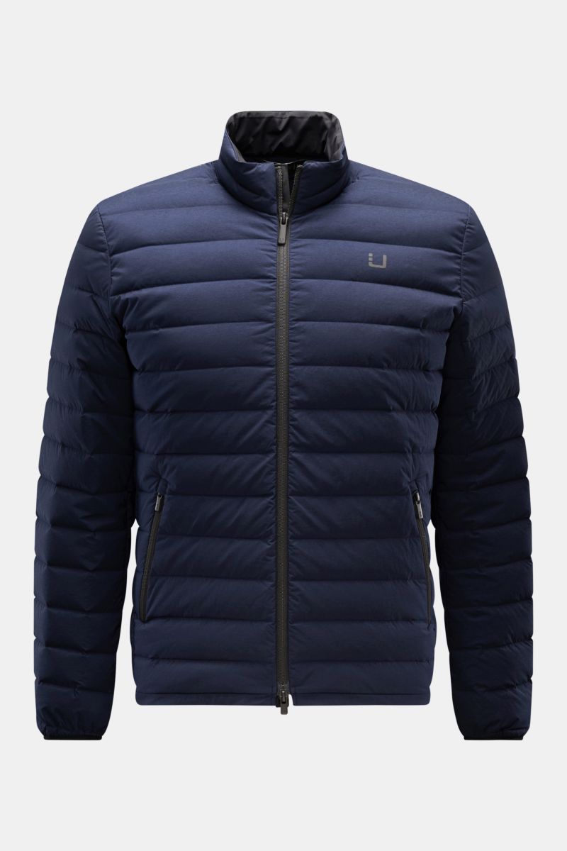 Front view of the UBR Daunenjacke 'Supersonic' navy, a slim fit, ultralight down jacket with water-repellent elastic microfiber, welded seams, two-way zipper, high collar, zipper front pockets, reflective logo print, subtle back reflector, elastic hem and