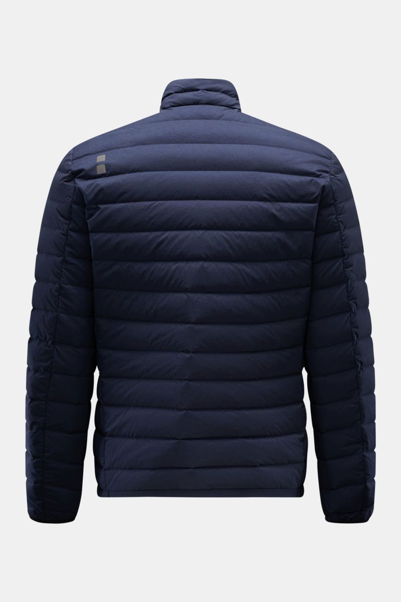 Rear view of UBR Daunenjacke 'Supersonic' navy, a slim fit, ultralight down jacket with water-repellent elastic microfiber, welded seams, high collar, reflective logo, zipper pockets, and elastic cuffs and hem.