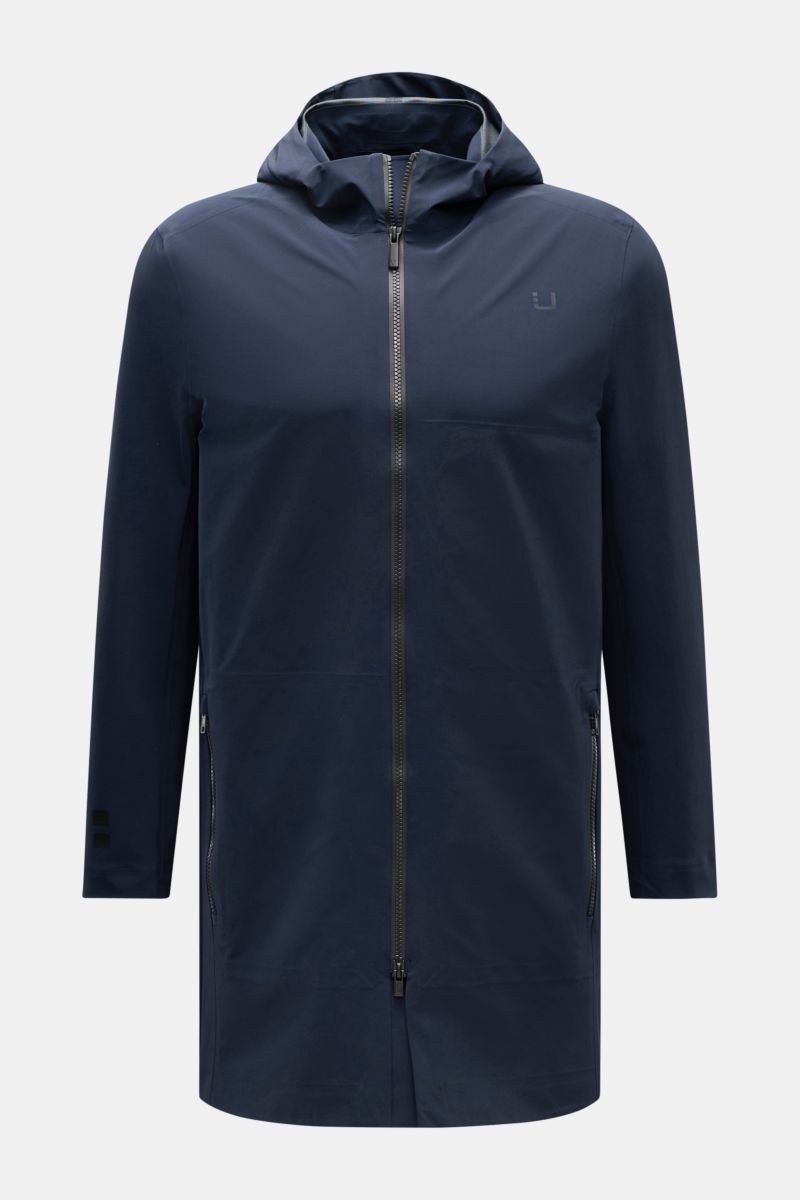 Front view of UBR Kurzmantel 'Delta' navy, a sleek navy short coat with hood, two-way zipper, zippered side pockets, and smooth microfiber fabric; lightweight and elastic for transitional weather, featuring practical hood, slim fit, back vent, and soft in