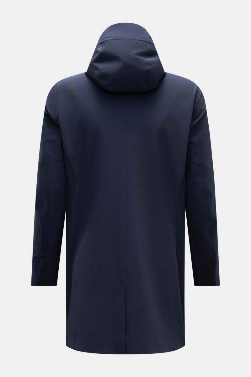 UBR Kurzmantel 'Delta' navy shown from the back, featuring a hood, smooth microfiber fabric, slim fit, and center back vent.
