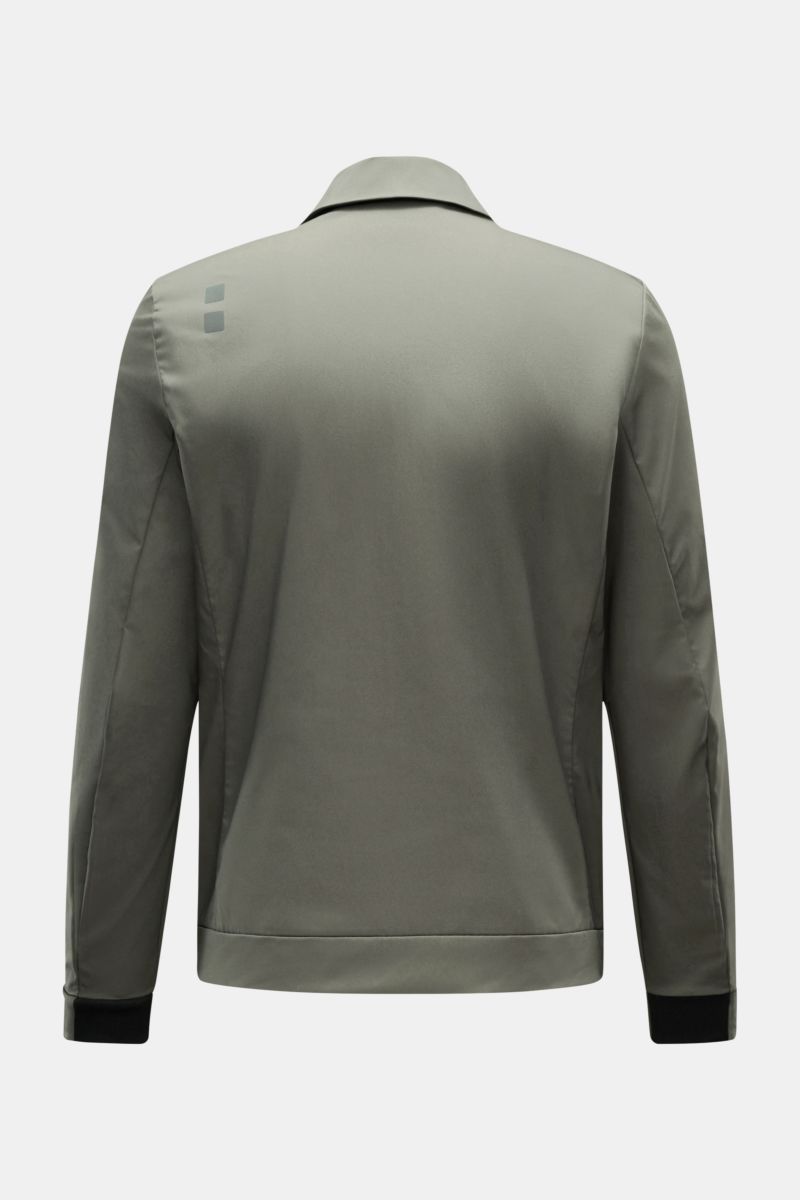 UBR Jacket 'Nano' grey-green shown from the back, featuring high-quality microfibre, smooth, lightweight fabric, wind and water repellent, breathable, slim fit, turn-down collar, reflective logo print, subtle back reflector, hip zip pockets, flexible cuff