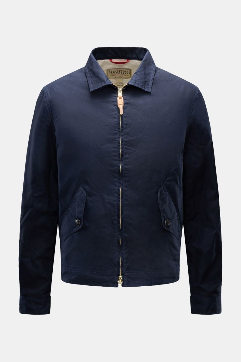 Front view of Manifattura Ceccarelli Waxed jacket 'Blazer Coat' navy, made of waxed cotton, water repellent, slim fit with patch flap pockets, button cuffs, and two-way zip. Authentic outerwear with vintage character featuring breathable, paraffin-treated