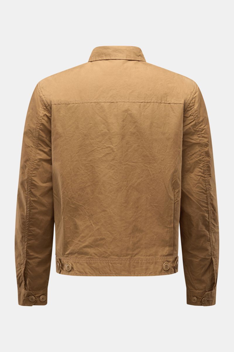 Manifattura Ceccarelli Wachsjacke 'Blazer Coat' braun, Rückenansicht, gewachste, wasserabweisende Baumwolle, Slim Fit, Umlegekragen, Knopfärmel.
