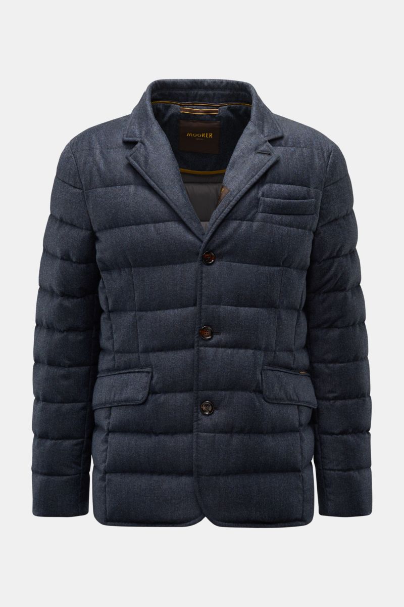 Moorer Daunenjacke 'Nomos' dark navy meliert, frontale Ansicht, gesteppte Slim Fit Blazerjacke aus Wolle mit Gänsedaunen, Reverskragen, Brust- und Hüfttaschen, Drei-Knopf-Leiste, herausnehmbare Double-Front mit Zipper, weichem Griff, zwei Innentaschen und