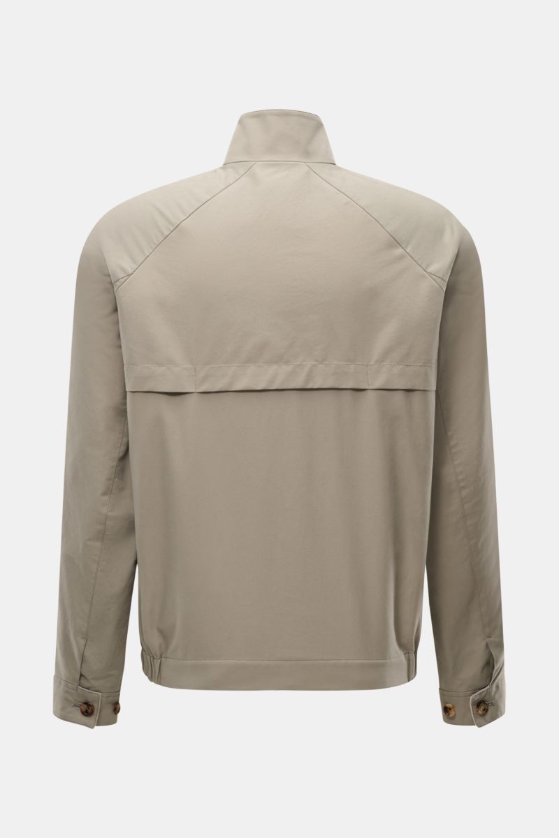 Back view of the Brunello Cucinelli Blouson salbei in a slim fit, showing water-repellent cotton-microfiber twill, raglan sleeves, stand-up collar with button tab, fine corduroy details, elastic hem, and buttoned cuffs, photographed against a plain backgr