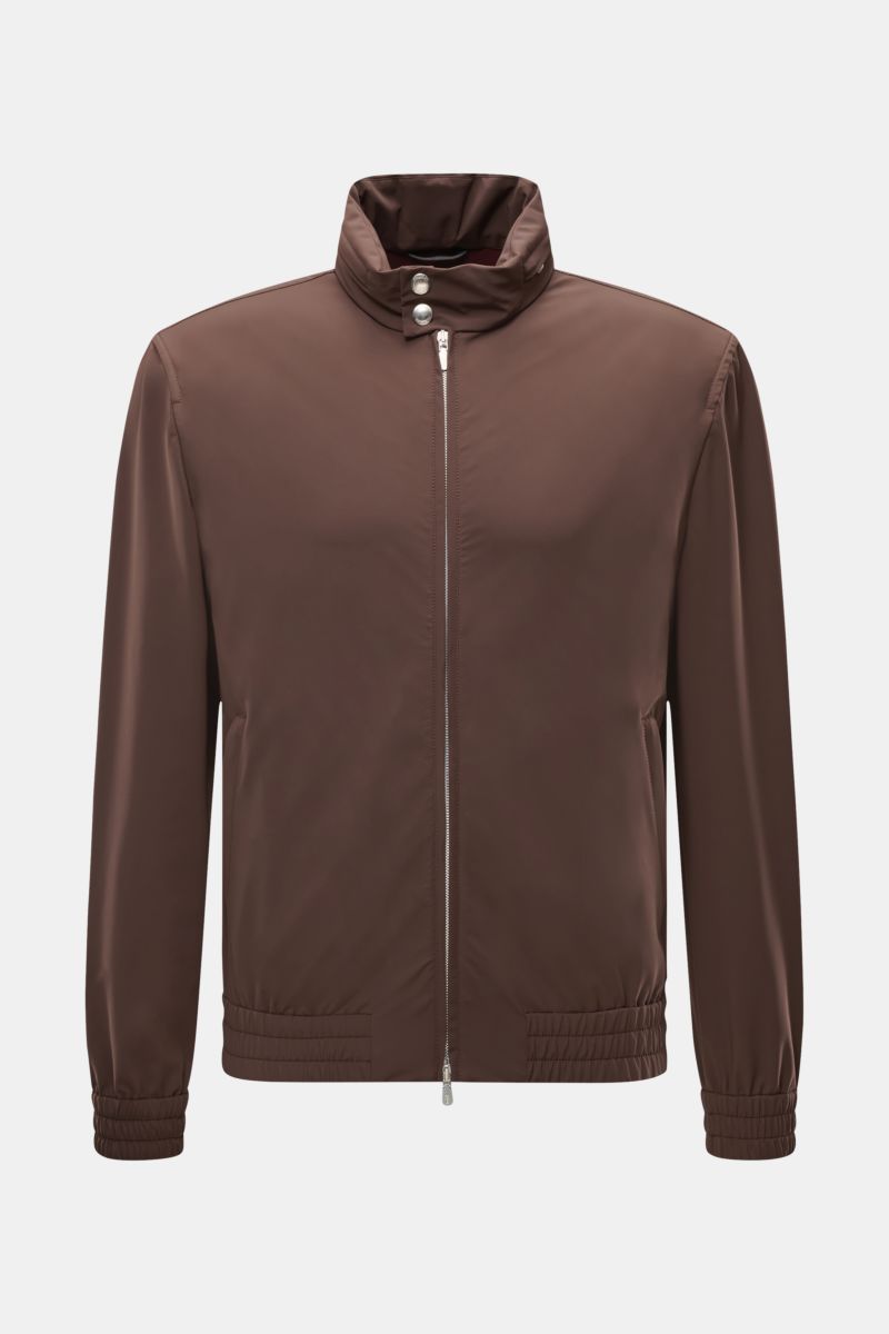 Front view of a Brunello Cucinelli Blouson grau meliert, lightweight and elegant with a slim fit, two-way zipper, stand collar, and elastic hem.