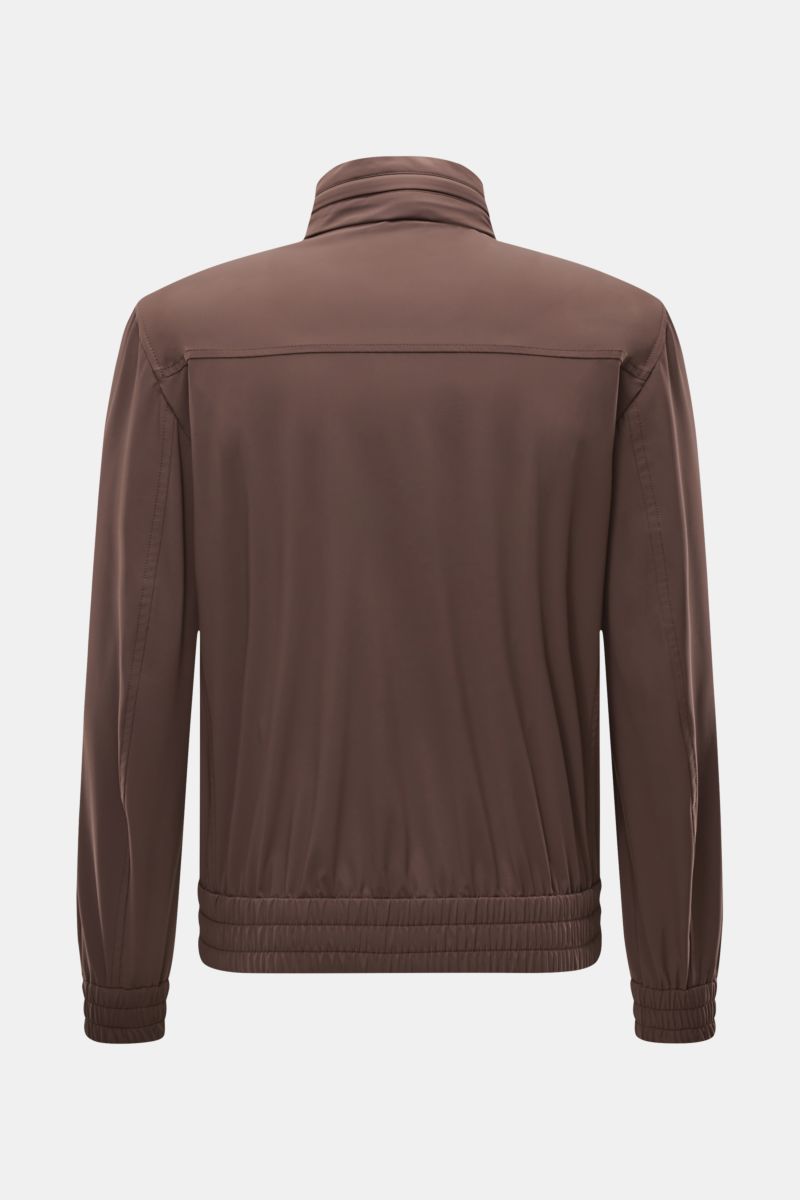 Back view of a Brunello Cucinelli Blouson grau meliert, photographed from behind, showcasing its lightweight, elegant mix of silk, linen, and wool with a slim fit, stand-up collar, elastic hem, and cuffed sleeves. Leicht, edel und mit unverwechselbarer Pr