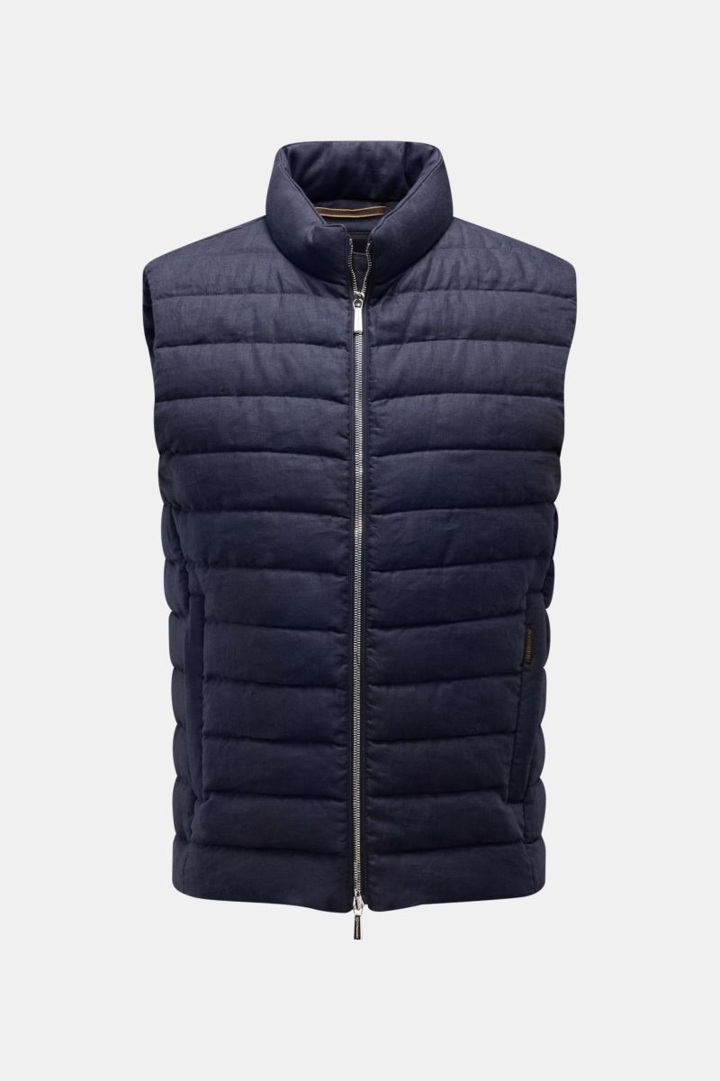 Front view of the Moorer Down gilet 'Calaf' navy mottled, a slim fit quilted outdoor vest with narrow cross quilting and two-way zip.

Additional description: Luxury of the very highest quality: Only the finest, hand-selected Siberian goose down is use