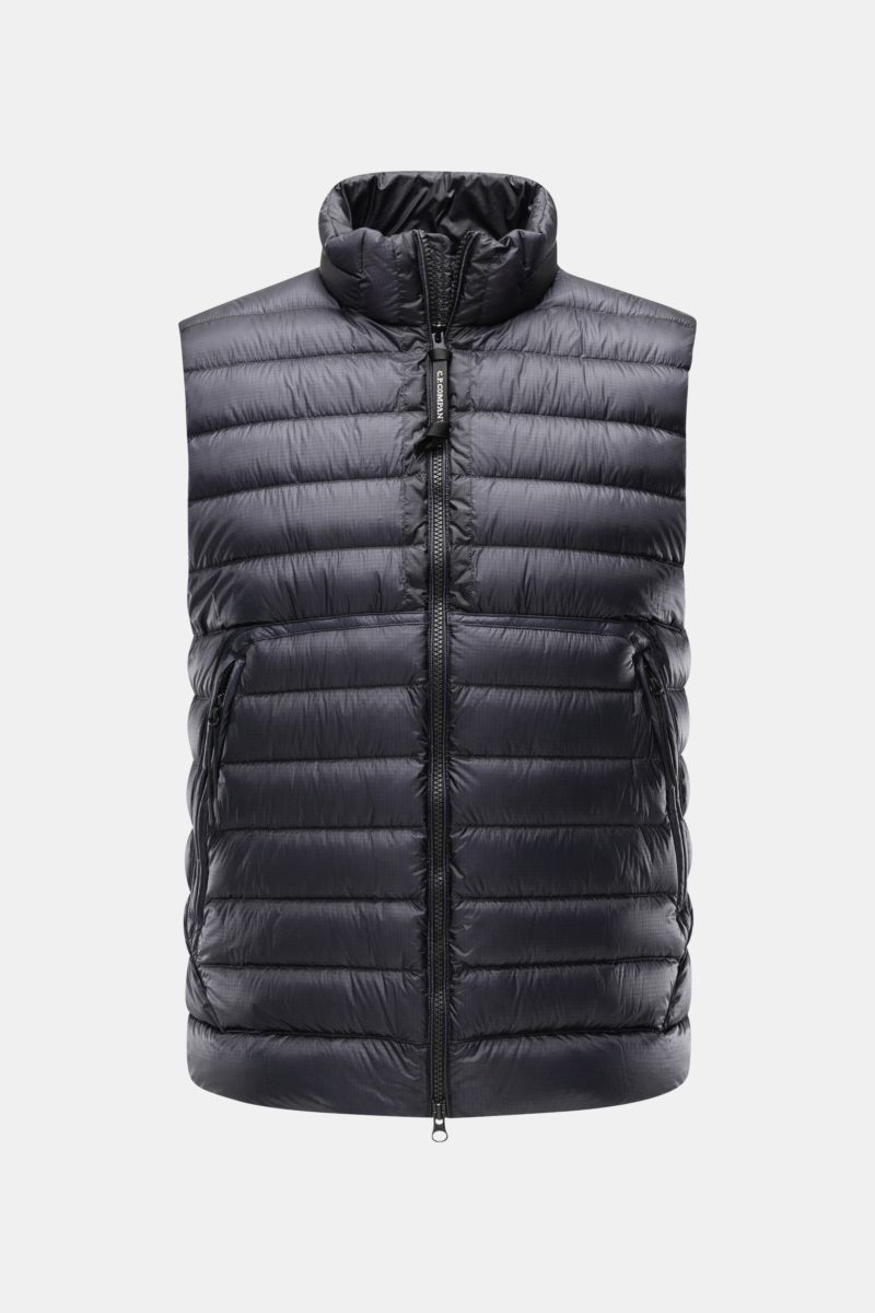 Front view of C.P. Company Daunenweste 'D.D. Shell' dark navy with quilted, water-repellent Ripstop microfiber, slim fit, and two-way zipper.