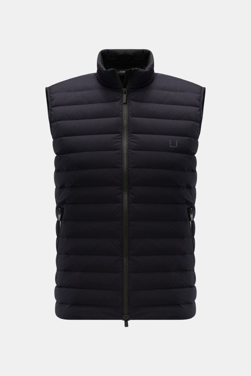 Front view of UBR Daunenweste 'Supersonic' navy, a slim fit, water-repellent down vest with elastic microfiber, high collar, two-way zipper, angled zip pockets, reflective logo, and elastic hem and cuffs.