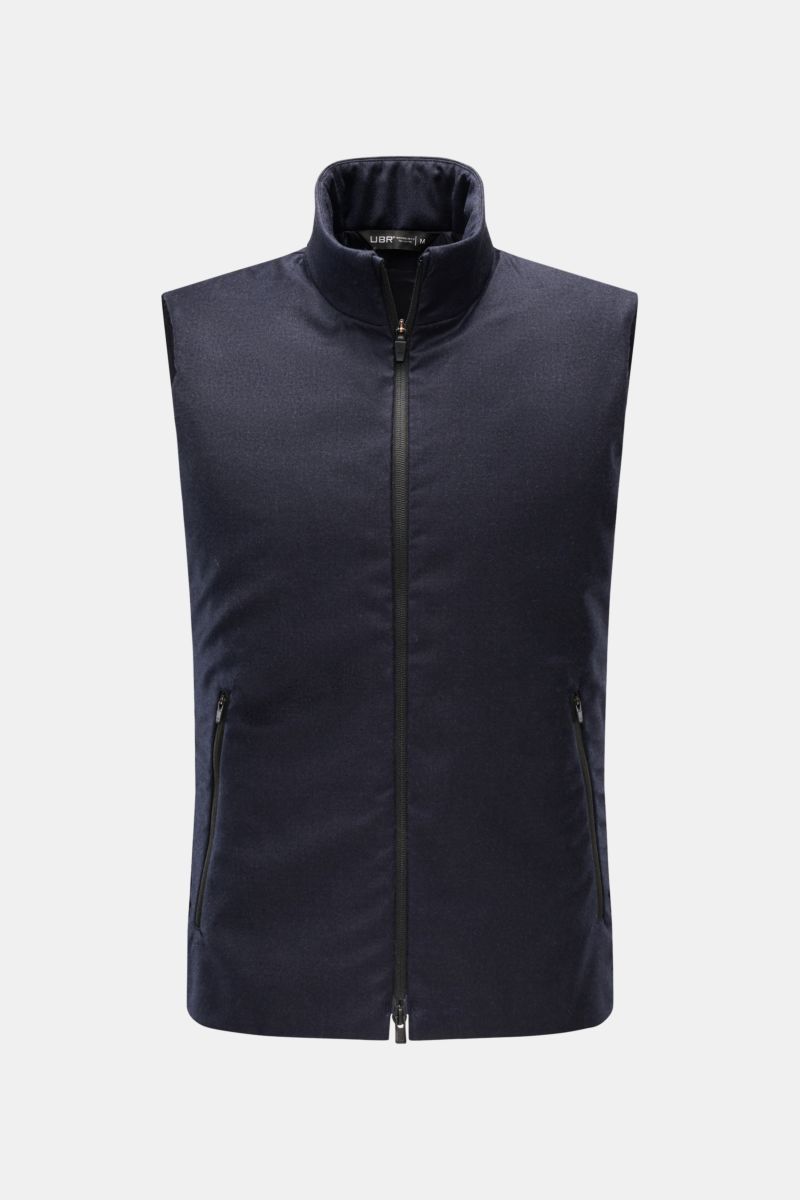 UBR Outdoorweste 'Raptor Savile' navy meliert, front view of slim fit vest in pure wool with two-way zipper, stand-up collar, slanted pockets, soft lining, and lightweight padding for optimal comfort.