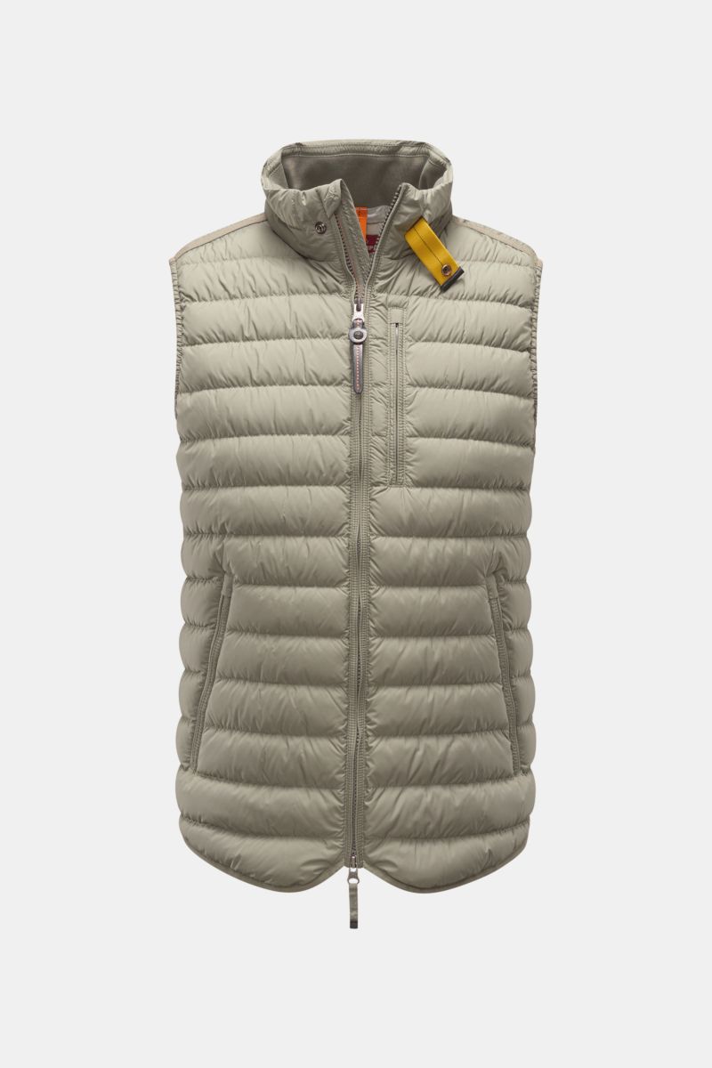 Parajumpers Down gilet 'Perfect' sage shown from the front, lightweight, slim fit, with high collar, zip pockets, and contrasting yellow collar tab. The incredibly lightweight and comfortable down gilet 'Perfect' by PARAJUMPERS features a classic desig
