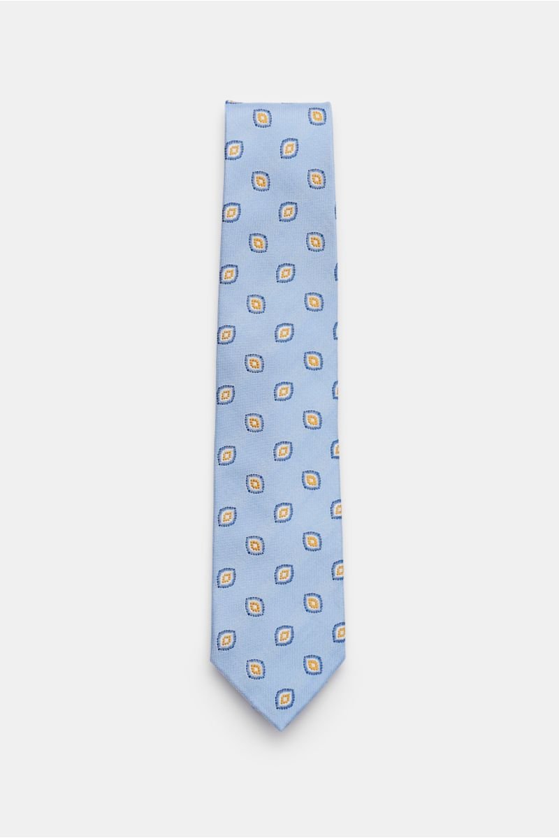 Silk tie 'Volga' light blue/navy/yellow patterned