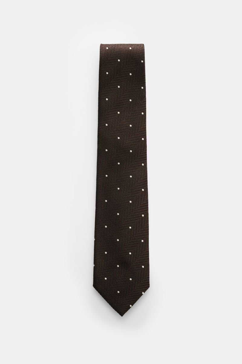Tom Ford Seidenkrawatte dunkelbraun/schwarz/creme gemustert, frontal fotografiert, reine Seide, dezenter Glanz, Fischgrat mit Punkten, 8 cm breit, made in Italy.