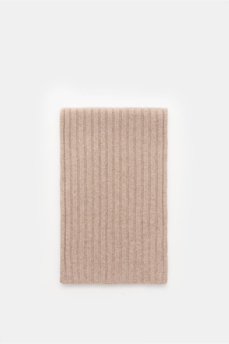 von Braun Cashmere Schal beige meliert liegend von oben fotografiert, reiner Cashmere, weicher Griff, feines Rippstrick-Design, 169x25 cm, schützt vor ungemütlichem Wetter