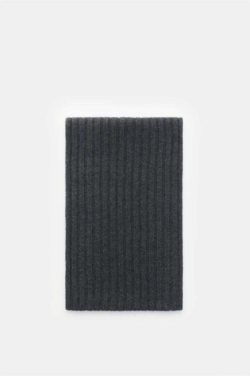 von Braun Cashmere Schal anthrazit meliert, frontal von oben fotografiert, klassisches Rippstrick-Design, 169x25 cm, reiner, weicher mongolischer Cashmere