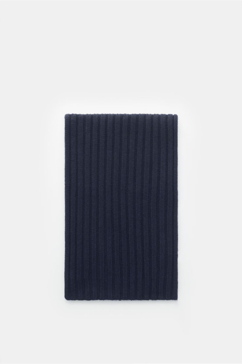 von Braun Cashmere Schal navy in klassischem Rippstrick, feines Strickbild, weicher Griff, rein mongolischer Cashmere, flach fotografiert, Maße ca. 169x25 cm.