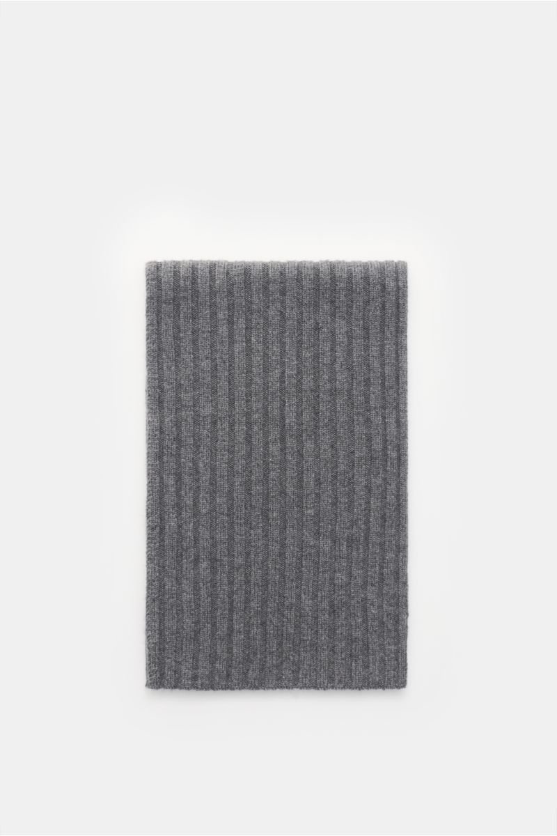von Braun Cashmere Schal grau meliert, flach liegend von oben fotografiert, reiner mongolischer Cashmere, weicher Griff, klassisches Rippstrick-Design, 169x25 cm