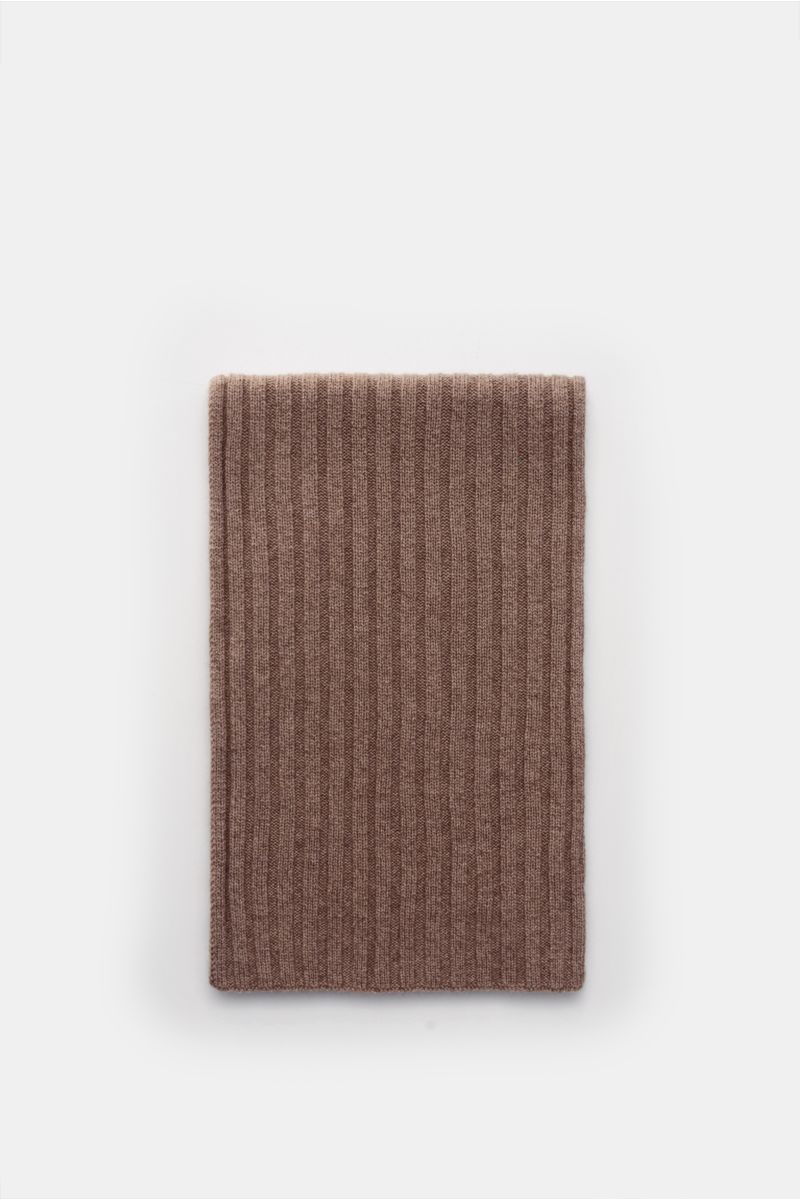 von oben fotografierter von Braun Cashmere Schal braun meliert im klassischen Rippstrick-Design, weicher Griff, 169x25 cm, reiner mongolischer Cashmere
