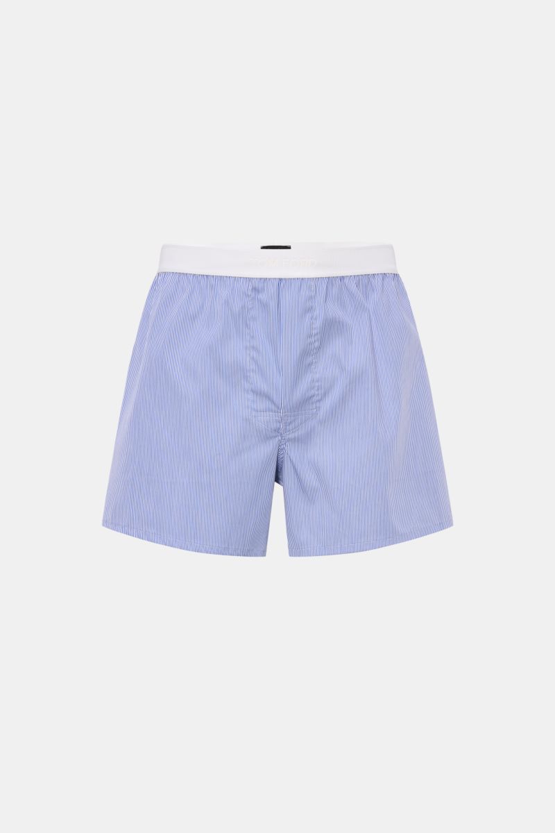 Front view of Tom Ford Boxershorts dunkelblau/weiß gestreift in slim fit, featuring a fine striped pattern, elastic white waistband with TOM FORD logo, made of soft cotton and microfiber blend with smooth texture and side fly, sporty, clean, and luxurious