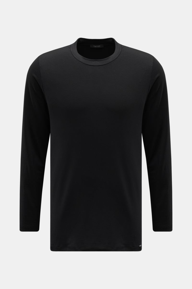 Black long-sleeve Tom Ford Rundhals-Unterhemd weiß shirt photographed from the front, featuring a round neckline, regular fit, soft cotton-modal blend, and small TOM FORD label at the hem. 

Cleanes Basic mit Rundhalsausschnitt: Das komfortable T-Shirt