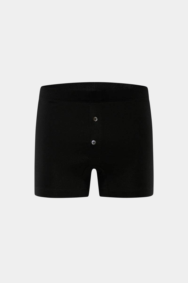 Stefan Brandt Boxershorts 'Bari' schwarz, Frontansicht, Slim Fit, elastischer Bund, seitlicher Knopf-Eingriff, weiche Baumwolle, Jersey, sehr angenehm.